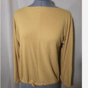 Ribbed knit Mustard stretch fit Boat neck T-shirt Top S long slv Elastic waist